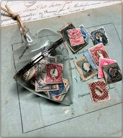 Ephemera Filed Glass Heart with Cord Hanger