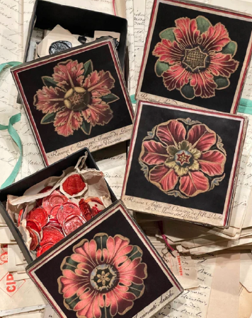 4" Square Italian Rosette Paper Mache Round Boxes