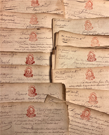 Original 1700's ORANGE/RED Stamped Antique French Script Document Pages